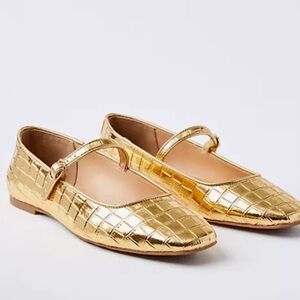 LOFT Classic Gold Croc Embossed Square Toe Mary Jane Ballet Flats Size 8.5